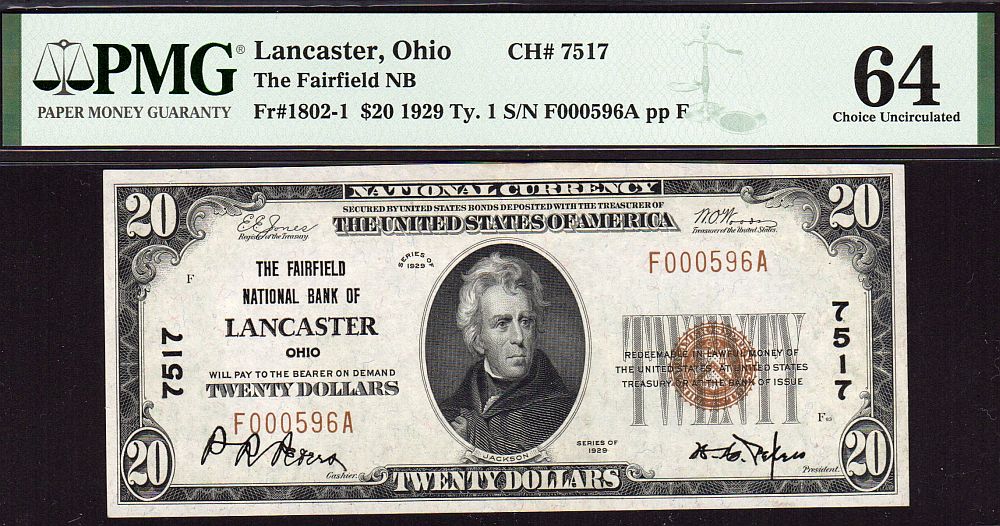 Lancaster, OH, 1929T1 $20, Charter #7517, Ch.CU, PMG-64, F000596A
